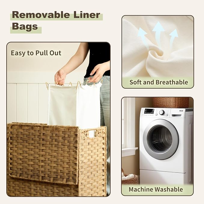 Laundry Hamper with Lid, 130L Rattan Laundry Hamper 3 Section with 50L Storage - Image 5