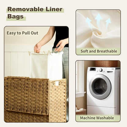 Laundry Hamper with Lid, 130L Rattan Laundry Hamper 3 Section with 50L Storage - Image 5