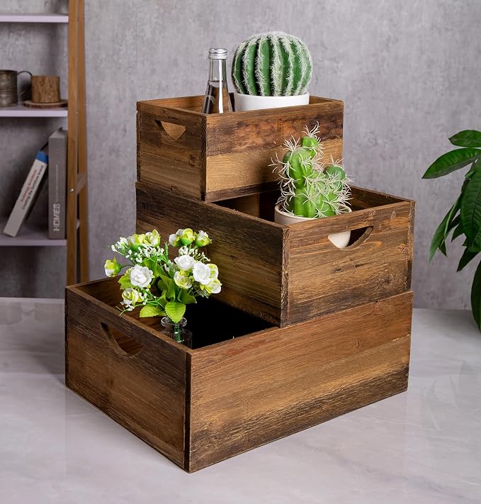 TIMRIS Set of 3 Rustic Distressed Wood Nesting Crates, Farmhouse Decorative - Image 2