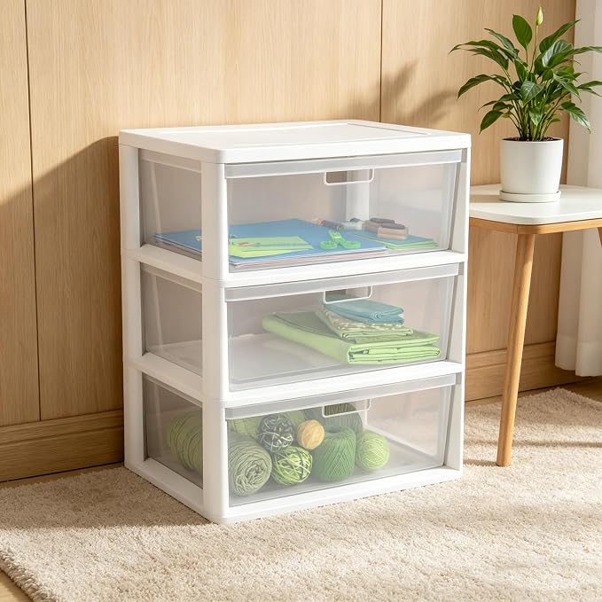 Wide 3-Drawer Organizer Tower, Plastic Storage Unit - Image 6