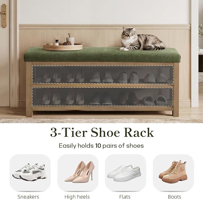 Zihanhome Shoe Rack Bench with Cushion, 2 Tier Solid Wood Storage Bench - Image 7