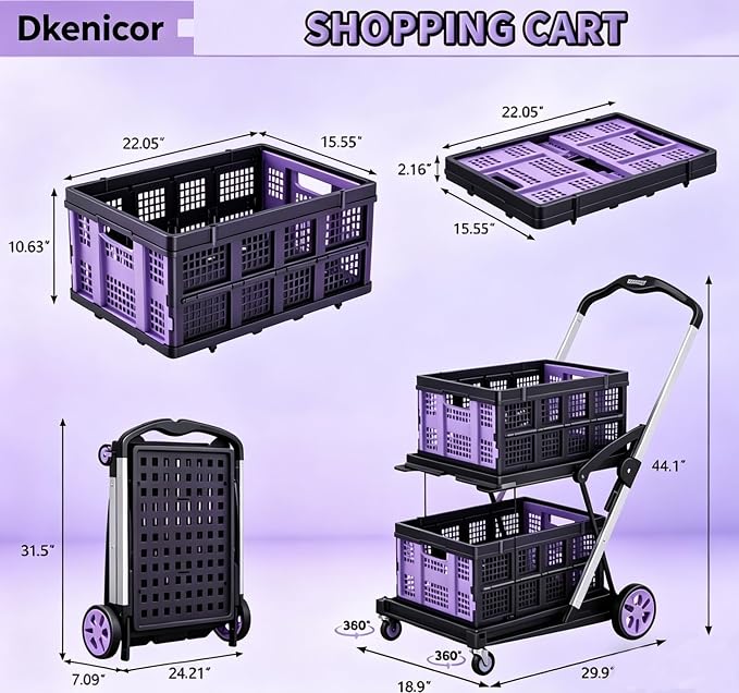 8-in-1 200LBS Collapsible Shopping Cart, Adjustable Handle Grocery Cart on - Image 8
