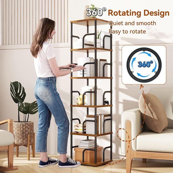 IBUYKE 6 Tier Rotating Bookshelf, Square Bookcases - Image 4