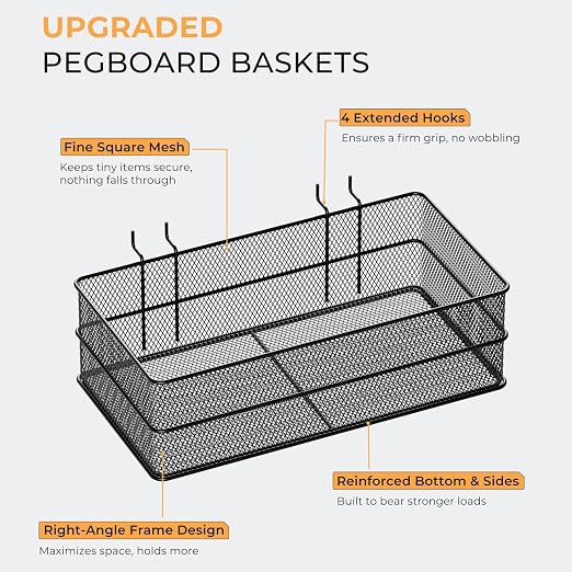 INCLY 4 Pack Upgrade Pegboard Baskets, 4 Sizes Square Metal Mesh Basket | Peg - Image 2