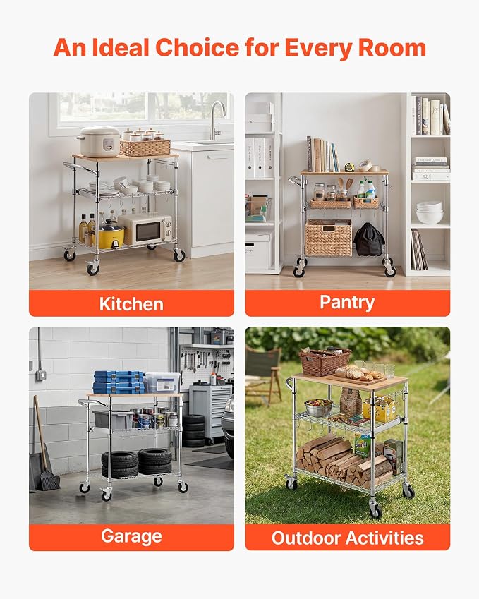 VEVOR Kitchen Utility Cart, 3 Tier Heavy Duty Adjustable Wire Storage Rack - Image 4