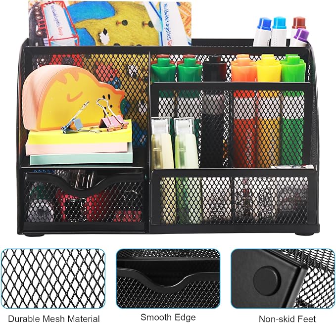Comix Mesh Pen Pencil Holder Desk Organizer, 7 Compartment Wire Desktop Pen - Image 3