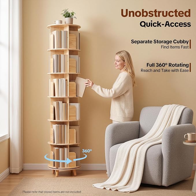 6 Tier Rotating Bookshelf Tower, Solid Wood Bookshelf - Image 3