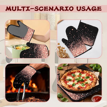 Rose Gold Glitter Silicone Oven Mitts and Pot Holders, Heat-Resistant 4 Piece - Image 6