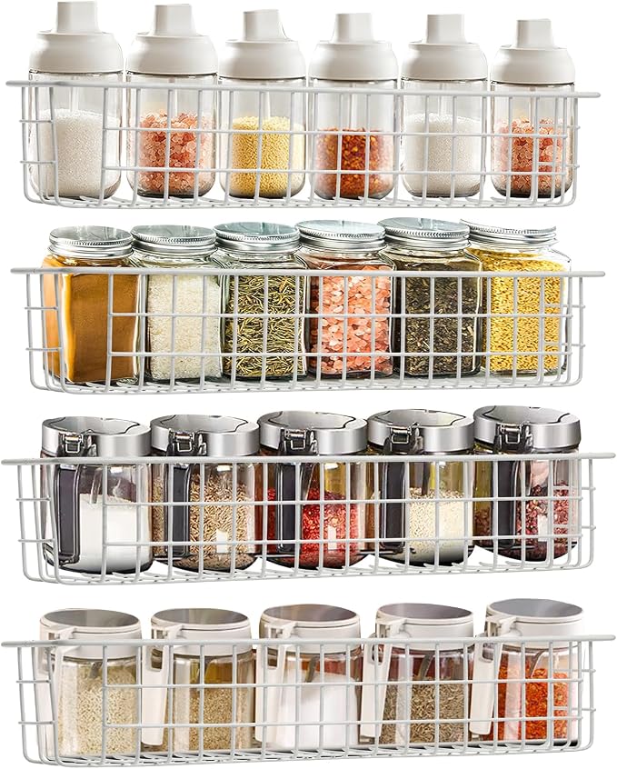 Spice Rack Organizer Wall Mount, 4 Pack White Storage Basket - Image 2