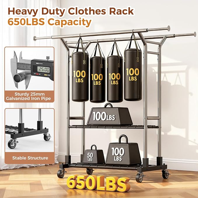 Luxspire Heavy Duty Clothes Rack Load 650 LBS, Double Rod Clothing Racks - Image 7