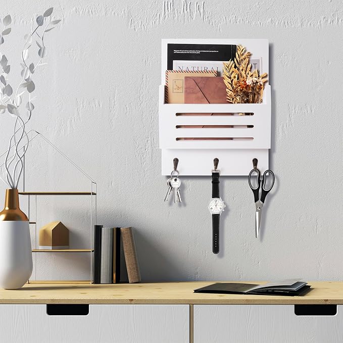 Key and Mail Holder Wall Mount, 2-Slot Wooden Mail Organizer - Image 2