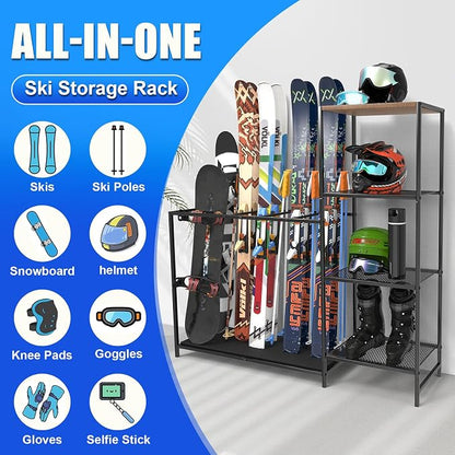 Freestanding Ski Rack, Ski Storage Rack w/Width-Adjustable Bars, Ski & - Image 3