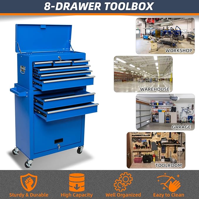 8-Drawer High Capacity Rolling Tool Chest, Removable Cabinet Storage Tool Box - Image 6