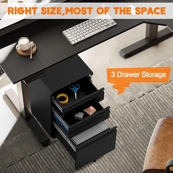 3 Drawer File Cabinet with Lock, Under Desk Metal Mobile Filing Cabinet with - Image 7
