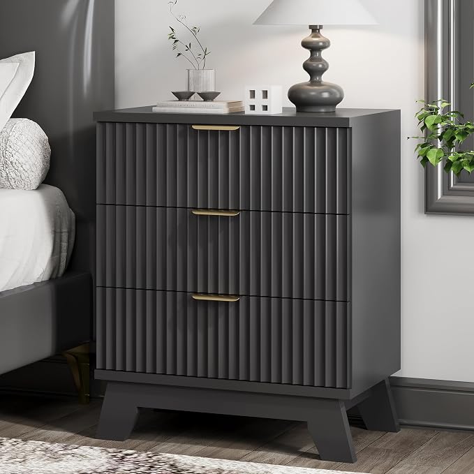 Fluted Nightstand, Mid Century Modern Wood Night Stand by Xixini