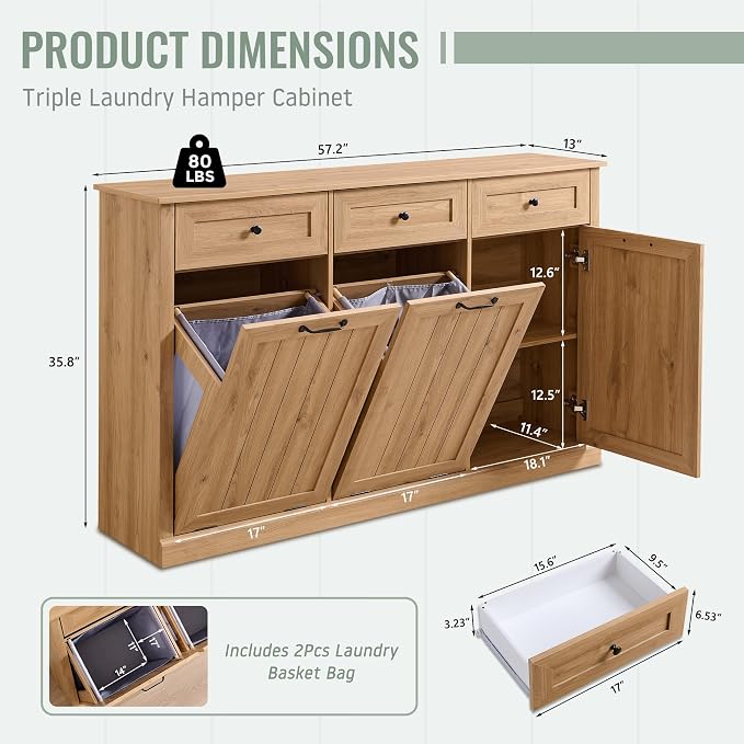 Triple Tilt Out Laundry Hamper Cabinet, 20 Gallon Farmhouse Trash Can Cabinet - Image 2