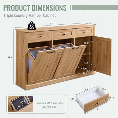 Triple Tilt Out Laundry Hamper Cabinet, 20 Gallon Farmhouse Trash Can Cabinet - Image 2