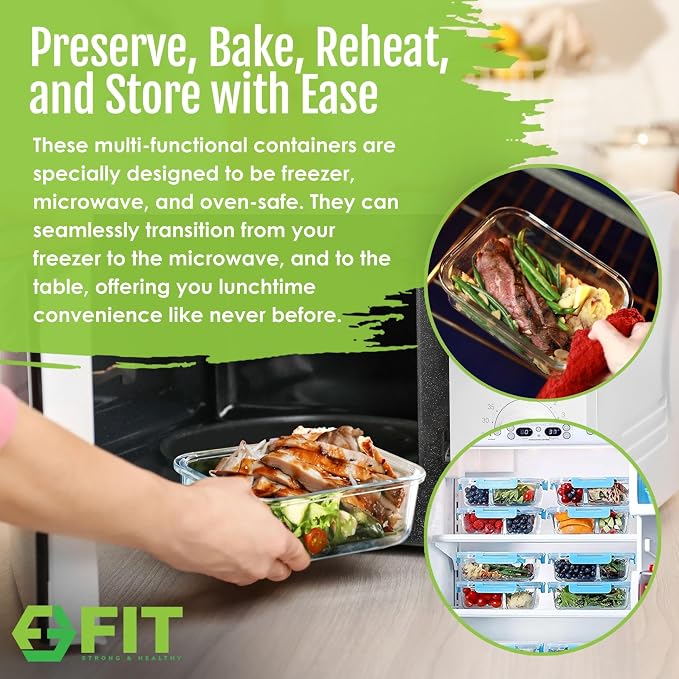 Glass Meal Prep Containers 3 Compartment, 3 Pack 32 oz Leakproof Lids Blue | - Image 5
