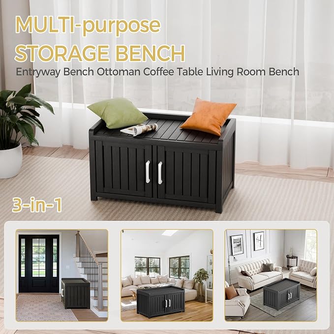 2-Tier Storage Bench, 2 Doors Waterproof Resin Shoe Bench - Image 5