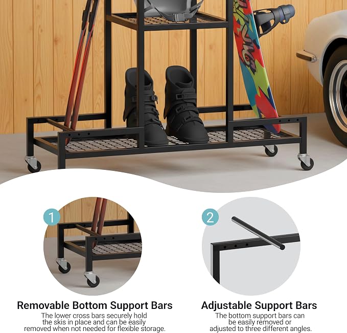 Standing Ski Storage Rack, Holds Snowboards & Skis, 3-Tier Organizer - Image 3