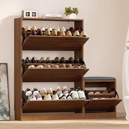 BORNOON Shoe Cabinet with Bench and 3 Flip Drawers, Slim Narrow Shoe Storage by BORNOON
