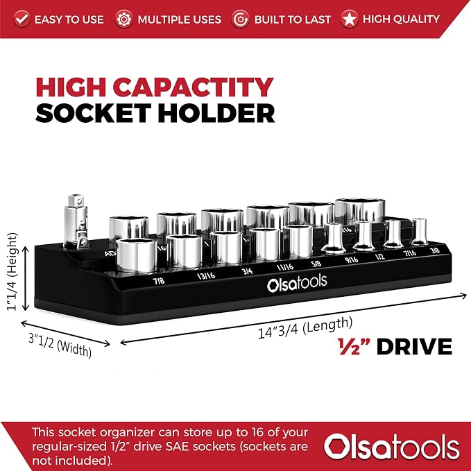 Olsa Tools Magnetic Socket Organizer | 1/2-Inch Drive | SAE | Black | Holds 16 - Image 3