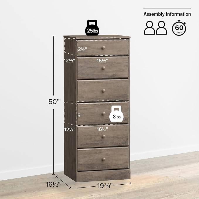 Prepac Astrid Tall Gray Dresser: 16.5"D x 19.75"W x 50"H, 6-Drawer Chest - Image 3