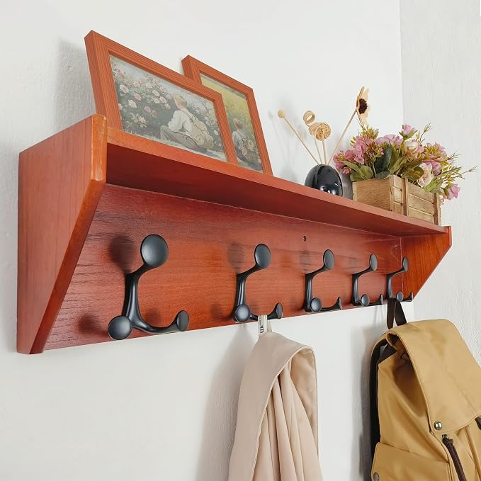 SKOLOO Wall Shelf with Hooks, 35-Inch Cherry Coat Rack Wall Mount with Shelf by SKOLOO