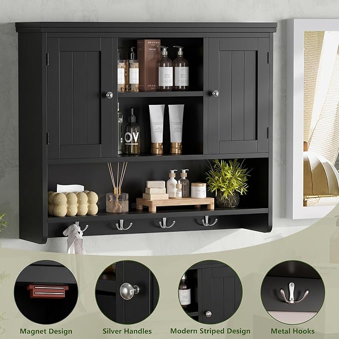 Bathroom Wall Cabinet with Doors and Hooks, 3-Tier Wall Mounted Cabinet | - Image 5