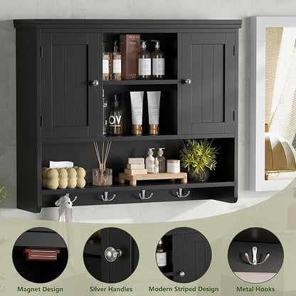 Bathroom Wall Cabinet with Doors and Hooks, 3-Tier Wall Mounted Cabinet | - Image 5