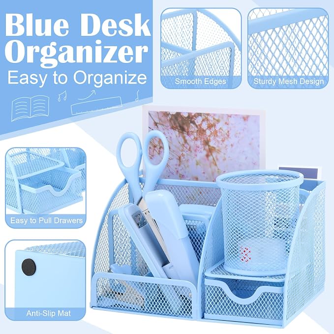 11 In 1 Blue Desk Organizer And Accessories, Light Blue Office Supplies Include - Image 3