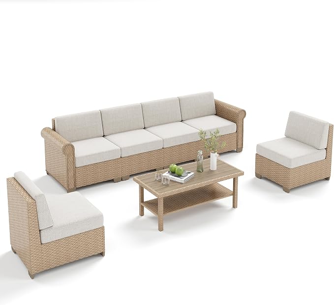 Patio Furniture Set, 7 Piece Outdoor Rattan Wicker Sectional Conversation Set - Image 9