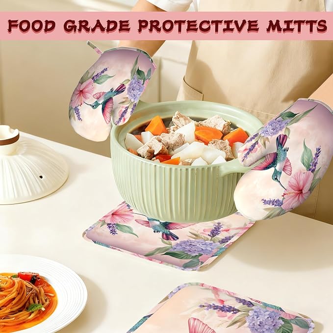 Hummingbird Heat-Resistant Silicone Oven Mitts and Pot Holders 4 Piece Set - Image 7