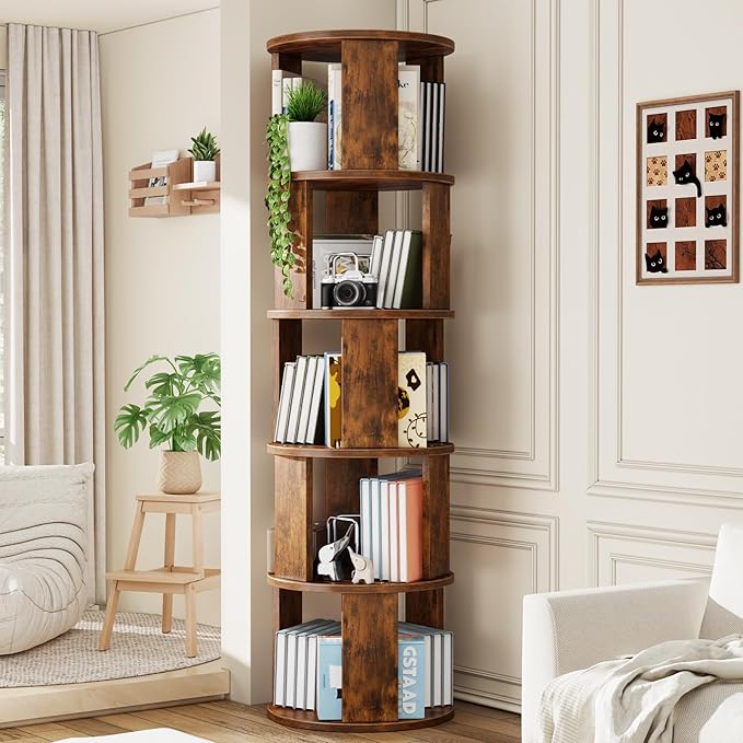 5 Tier Rotating Bookshelf Tower, 360° Display Round Bookcase, Floor Standing by Unknown