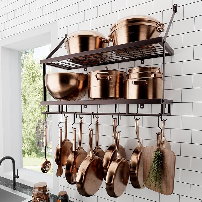 KES 30-Inch Oiled Bronze Pot Rack Wall Mounted, 2-Tier Hanging Pot and Pan by KES