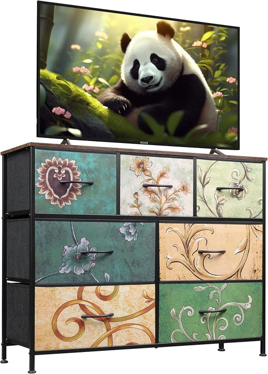 WLIVE Dresser for Bedroom, 7 Drawers, TV Stand, Floral | 7 roomy fabric drawers by WLIVE
