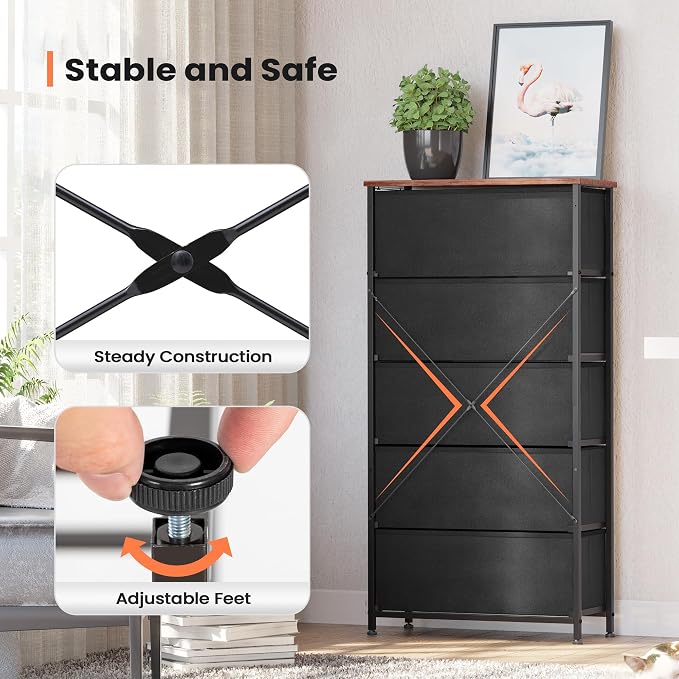 Tall Dresser, Wide Vertical Fabric Storage Tower, 5 Drawer | Sturdy Steel Frame - Image 5