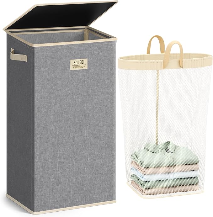 SOLEDI Laundry Hamper with Lid 100L Large & Tall Collapsible Laundry Basket by SOLEDI