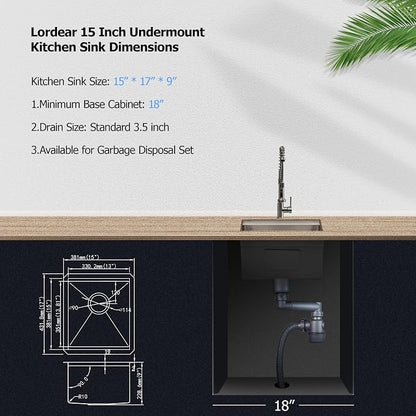 Lordear 15x17 Inch Undermount Kitchen Sink Bar Prep Sink 16 Gauge Stainless - Image 7