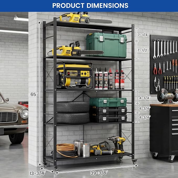 ALANNG 40" W Foldable 5-Tier Storage Shelves on Wheels Adjustable | Removable - Image 3