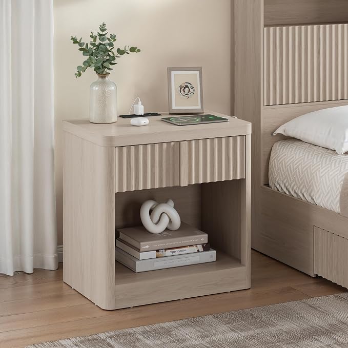 Fluted Nightstand with Charging Station, 23.6" End Table with Solid Wood Handle by Harpaq