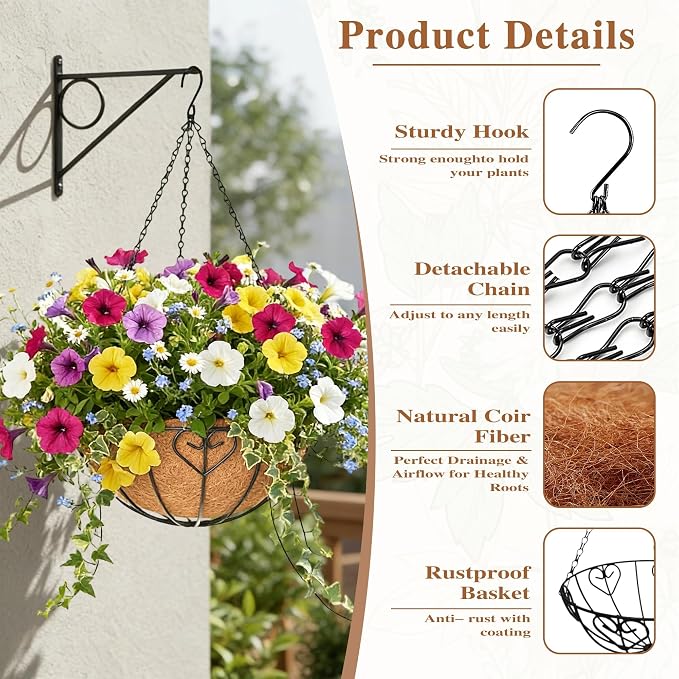 4 Pack Hanging Planter for Outdoor Plants 14 inch Metal Hanging Flower Basket - Image 4