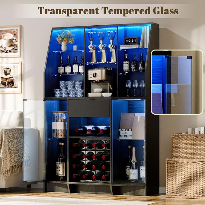 59.05" Wine Bar Cabinet W/ LED Lights & Tempered Glass Door, Home Bar Liquor - Image 6