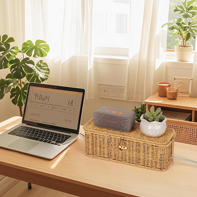 Cable Management Box, Handwoven Faux Rattan Cord Organizer Box - Image 7