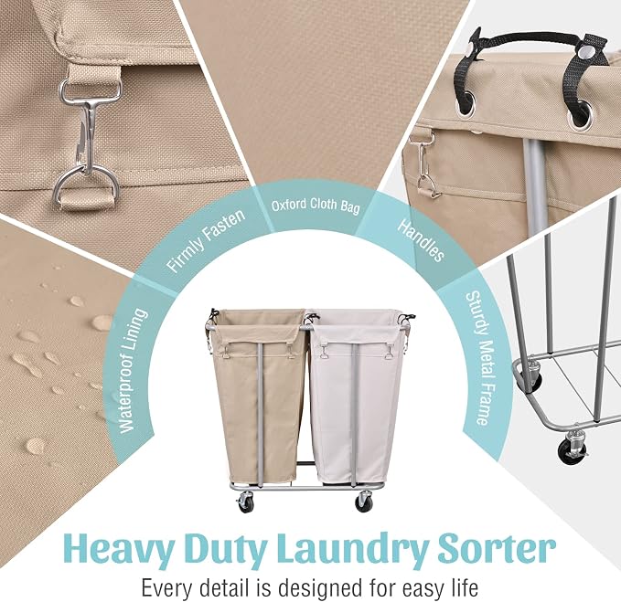 PLKOW Laundry Cart with Wheels 280L Large Laundry Sorter 2 Section - Image 5