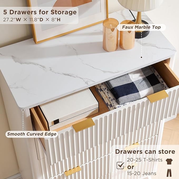 T4TREAM Fluted 5 Drawers Dresser, Curved Profile Design, Wood Drawer Organizer - Image 4