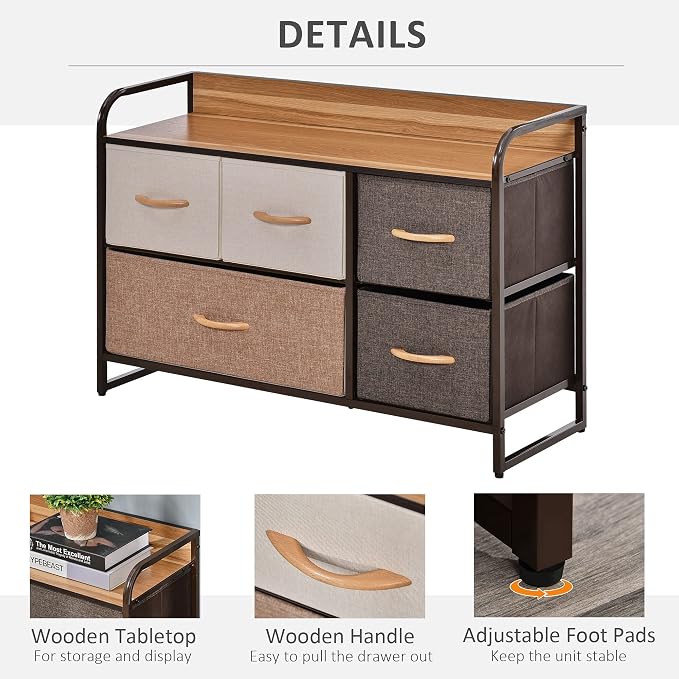 HOMCOM 5-Drawer Dresser, Fabric Chest of Drawers, 2-Tier Storage Organizer - Image 6