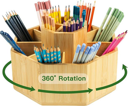 VaeFae 360° Rotating Bamboo Pen Holder Desk Art Supply Organizer | 9-12 Slots by VaeFaeDirect