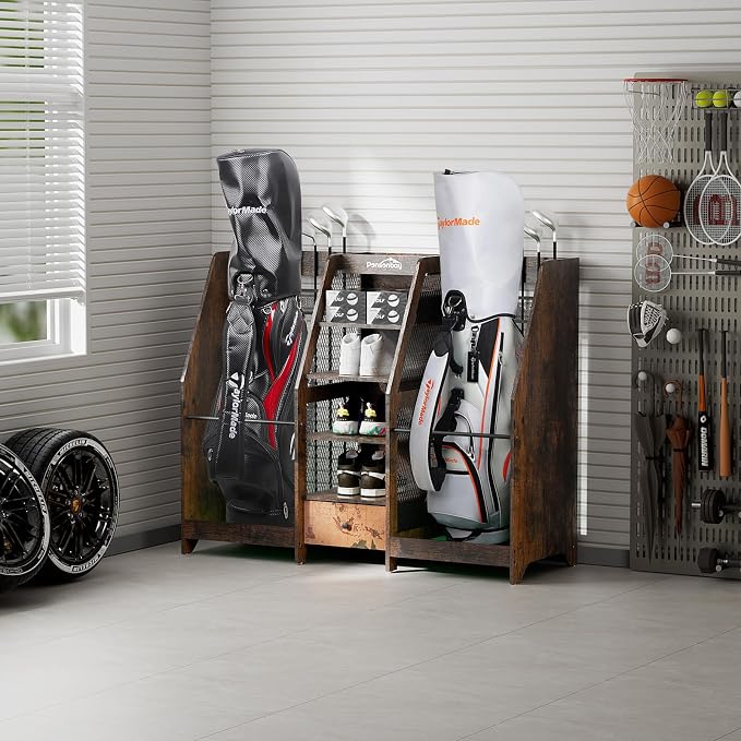 Golf Bag Storage Organizer for Garage, Premium Wooden 2 Golf Bags Rack - Image 9