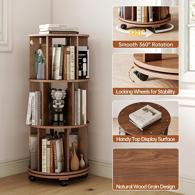 3-Tier Rotating Bookshelf on Wheels, 360° Spinning Bookshelf Tower, Round - Image 7